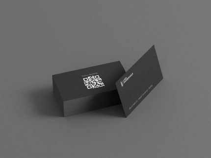 Two-sided minimal barbershop booking card mockup showing shop name and barber pole icon front with full oversized QR code reverse