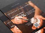 Close-up of A5 barbershop welcome offer flyer template showing the 20 percent discount promotion text and QR booking code