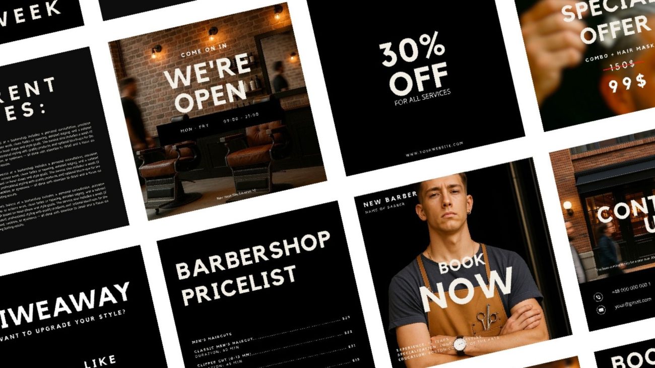 Grid of minimal black barbershop Instagram post templates in Canva, showing price list, booking slots, and promo layouts