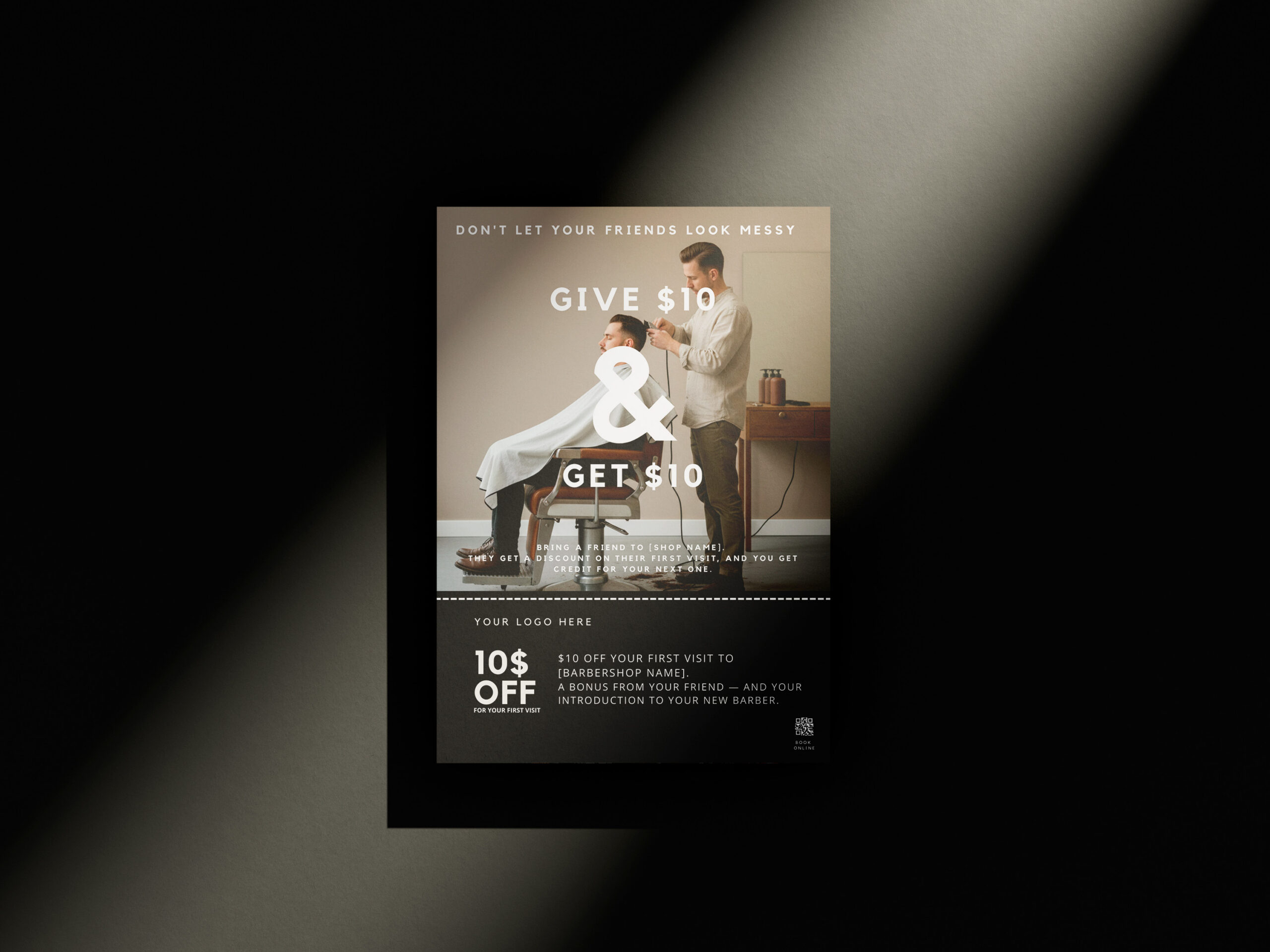 Barber Referral Card Template — A5 Canva Flyer Mockup of an editable A5 client referral card template for barbers with a Give $10 Get $10 offer