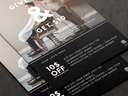 Close-up of editable A5 referral card template for barbers showing the Give $10 and Get $10 offer text and QR code