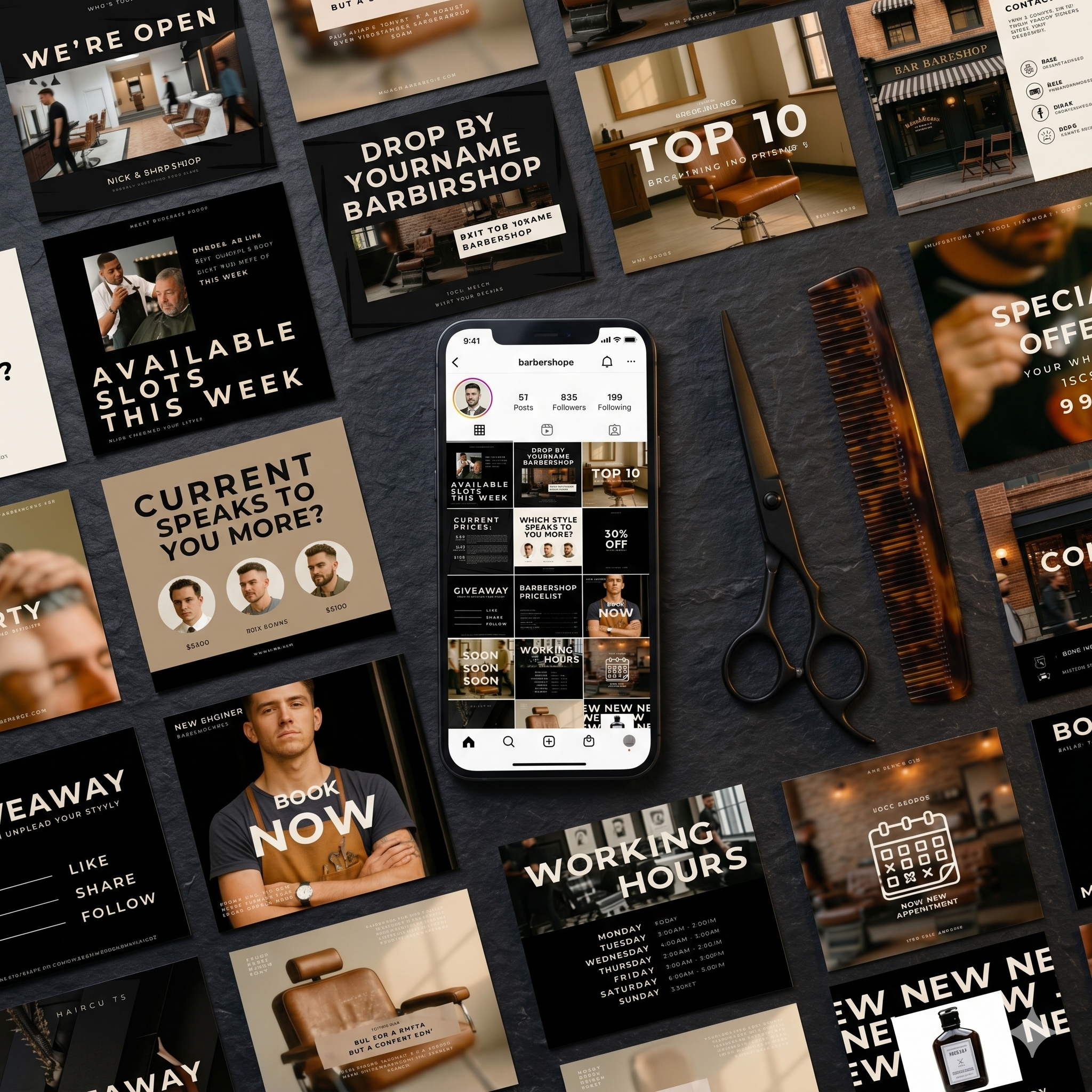 Barbershop social media Canva templates and Instagram post designs for barber marketing