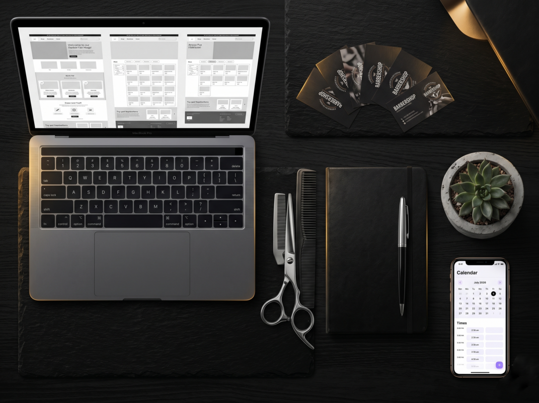 Barber marketing and business tools flat lay — digital templates, Canva designs, and booking tools for barbershops