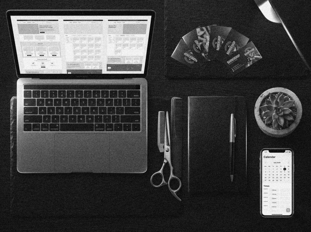 Barber marketing and business tools flat lay — digital templates, Canva designs, and booking tools for barbershops