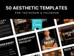 50 barbershop Instagram post templates in minimal black Canva style, shown as a nine-grid preview