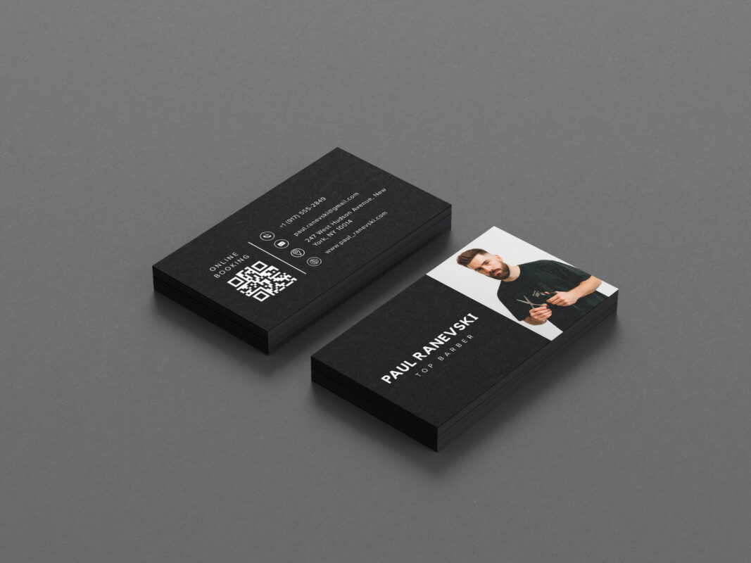 Minimalist black barber business card template with QR code for online booking