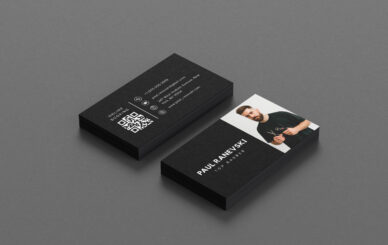 Minimalist black barber business card template with QR code for online booking