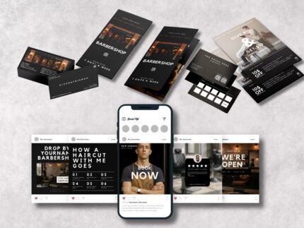 Barbershop Identity Starter Kit — business card, brochure, loyalty card, referral card and Instagram templates laid out together