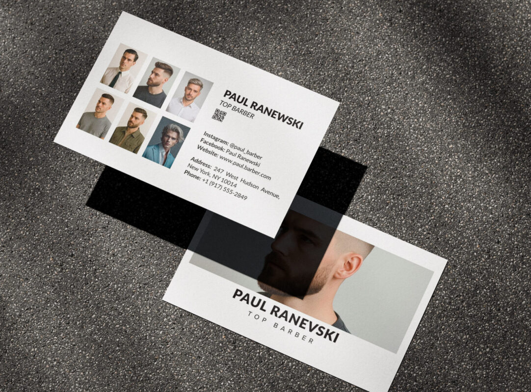 Barber portfolio business card with six-photo haircut work grid