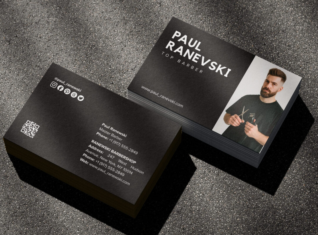 Barber business card with photo, social media icons, and QR code