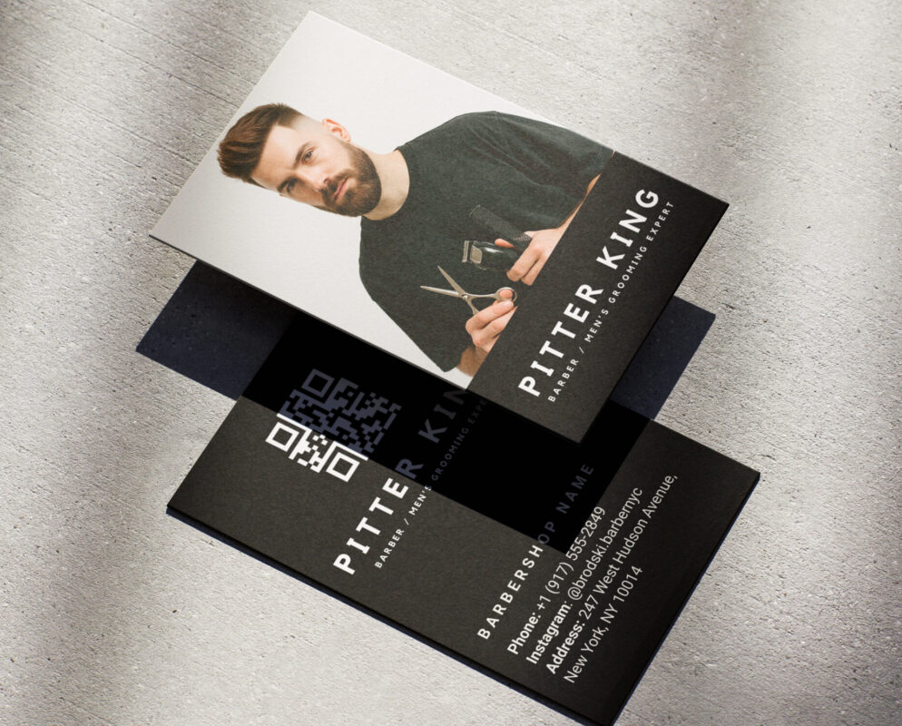 Solo barber name card with full-face photo and bold QR code