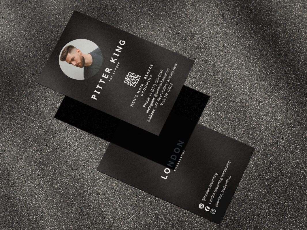 Double-sided barber business card with photo and QR code booking link
