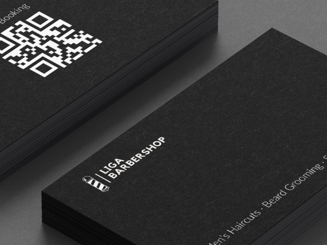 Black minimal barber business card with QR code for online booking