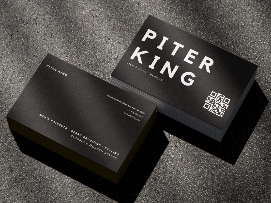 Bold barber name card template with personal brand and QR code