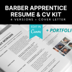Barber apprentice resume and CV template kit with cover letter, shown on laptop mockup