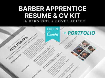 Barber apprentice resume and CV template kit with cover letter, shown on laptop mockup