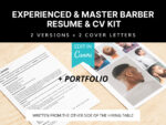 Experienced and Master Barber CV template kit with resume, cover letters, and portfolio photos, editable in Canva