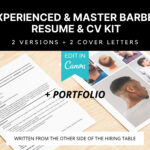 Experienced and Master Barber CV template kit with resume, cover letters, and portfolio photos, editable in Canva