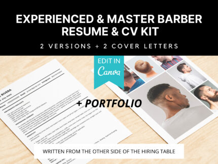 Experienced and Master Barber CV template kit with resume, cover letters, and portfolio photos, editable in Canva