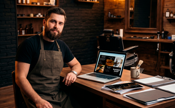 Barber using digital business toolkit with Canva templates and barbershop marketing documents on laptop